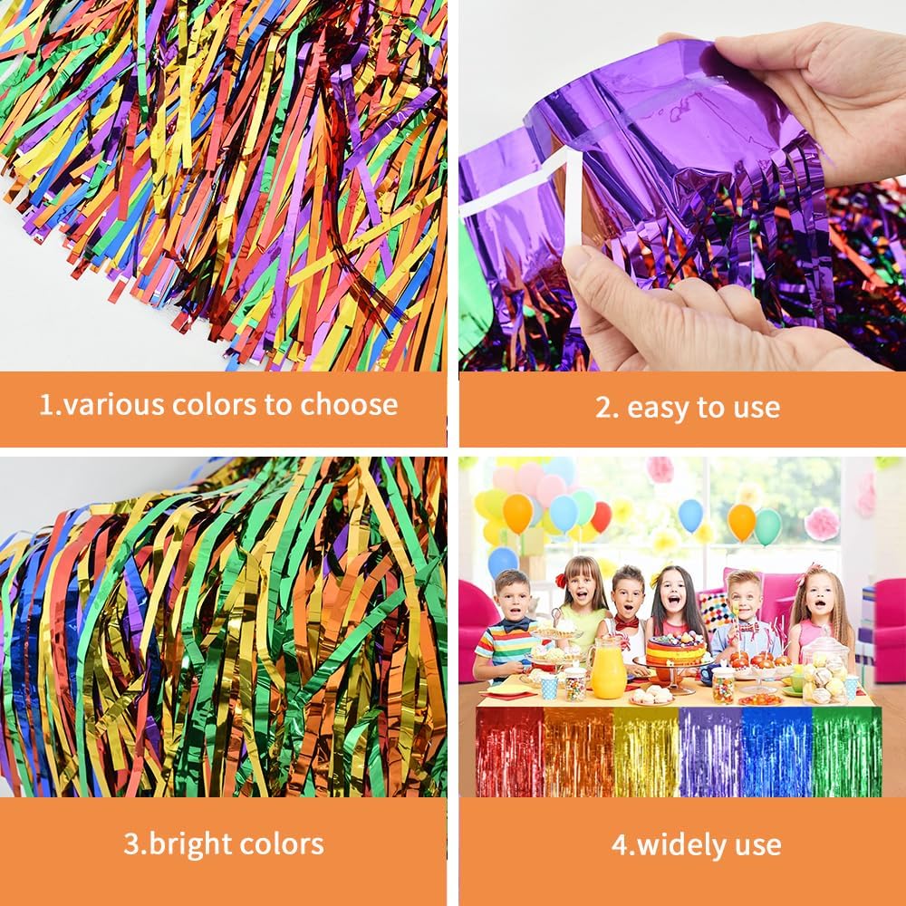 BEISHIDA 2 Pack Dark Purple Metallic Tinsel Foil Fringe Table Skirts for Rectangle and Round Tables - Birthday & Holiday Party Decorations