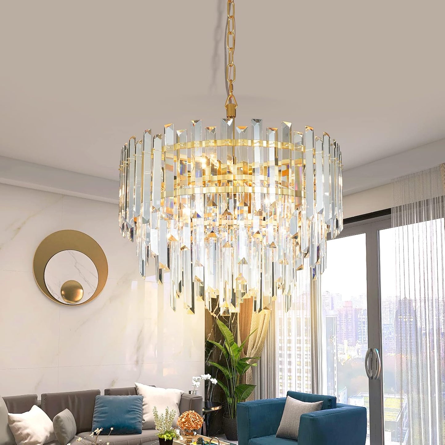 Gold Copper Crystal Chandelier Lighting 17.7'' for Dining Rooms Bedroom Foyer Entryway Ceiling Hanging Pendant Chandelier Light Fixture Lamp