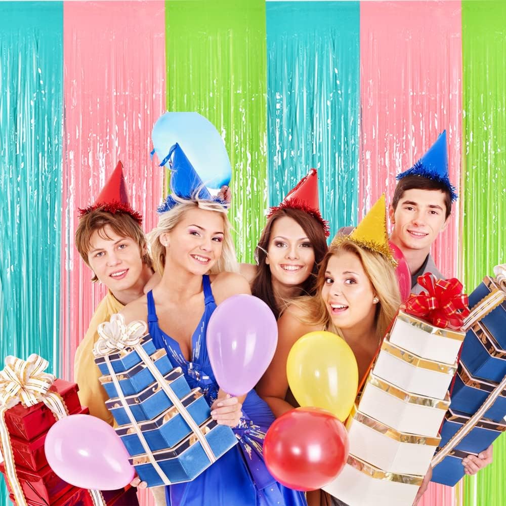 BEISHIDA 2Pcs Blue Pink Green Door Streamers Pastel Colors Foil Fringe Curtains Photo Backdrop for Wedding Party Birthday Stage Bridal Shower Decor(3.28 ft x 6.56 ft)