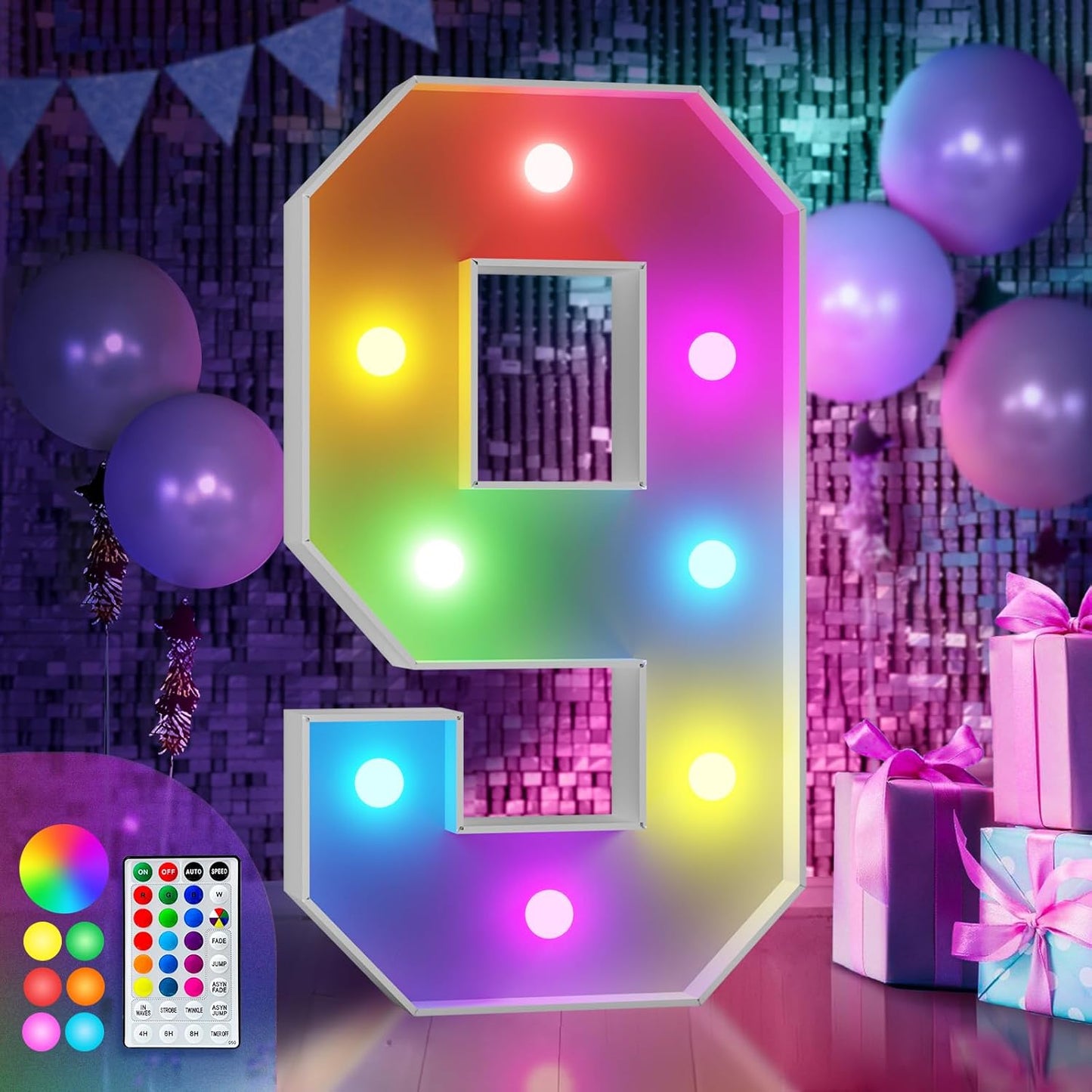 imprsv 3FT Colorful Marquee Numbers,18 Colors Number 9 with Remote, Light Up Numbers Sign for 3rd Birthday Decorations Anniversary Party Decor, Pre-Cut Foam Board Kit, Mosaic Sign for Balloon