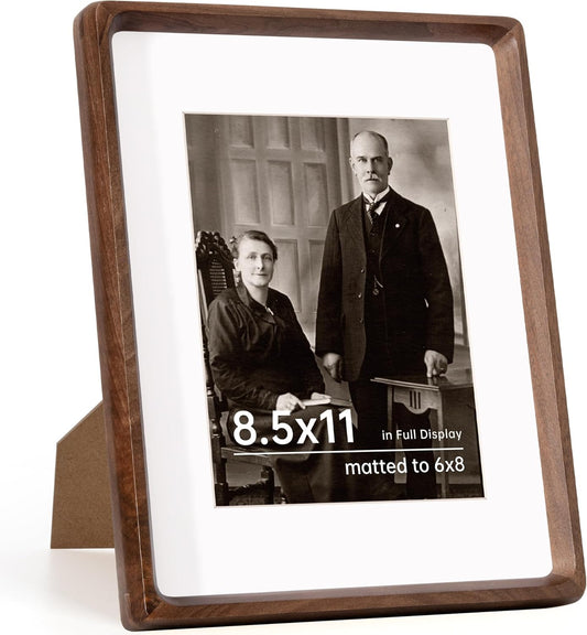 8.5x11 Picture Frame USA-Sourced Natural Walnut Wood Solid Original Wood Photo Frame Handcrafted Rounded Corner with Mat to 6x8 Picture Display with Real Glass Famil Photo, Certificate