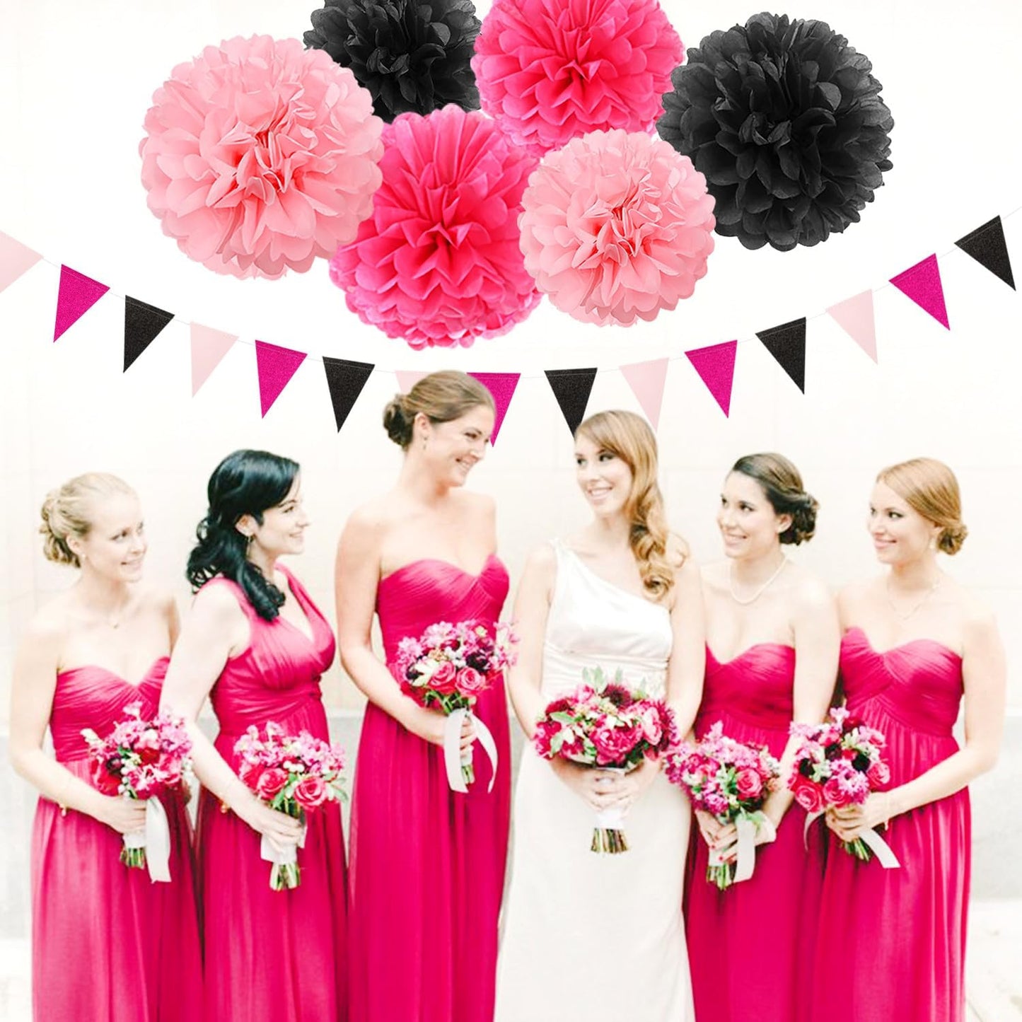 Hot-Pink Black Party-Decorations Paper Flower Streamers - 23pcs Baby Girl Women Birthday Tissue Pom Poms,Bachelorette Shower Tassel Garland Banner,Graduation Hanging Supplies Decor Ouruola