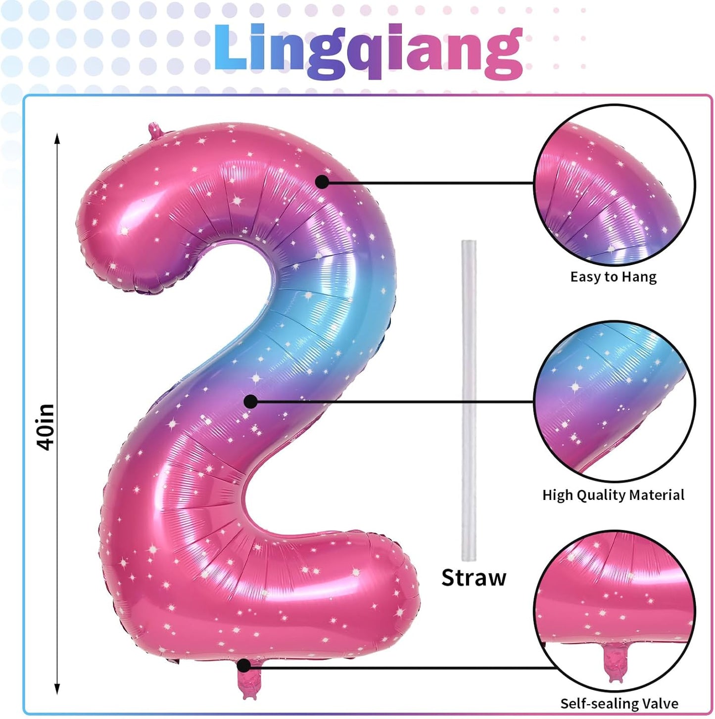 Gradient Blue Pink 2 Balloons, 40 Inch Giant Helium Foil Number 0-9 Rainbow 2th Birthday Balloon for Girls, Self Inflating Starry Digit 2 Balloons for Women Anniversary Party Decorations Supplies