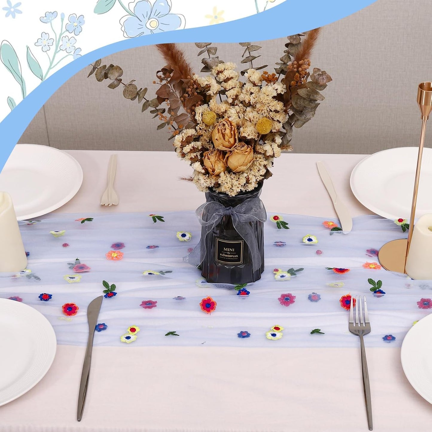 3PCS Blue Floral Table Runner 10 FT, Embroidery Daisy Table Runners Seasonal Sheer Tulle Table Runner for Thanksgiving Wedding Birthday Baby Shower Party ﻿