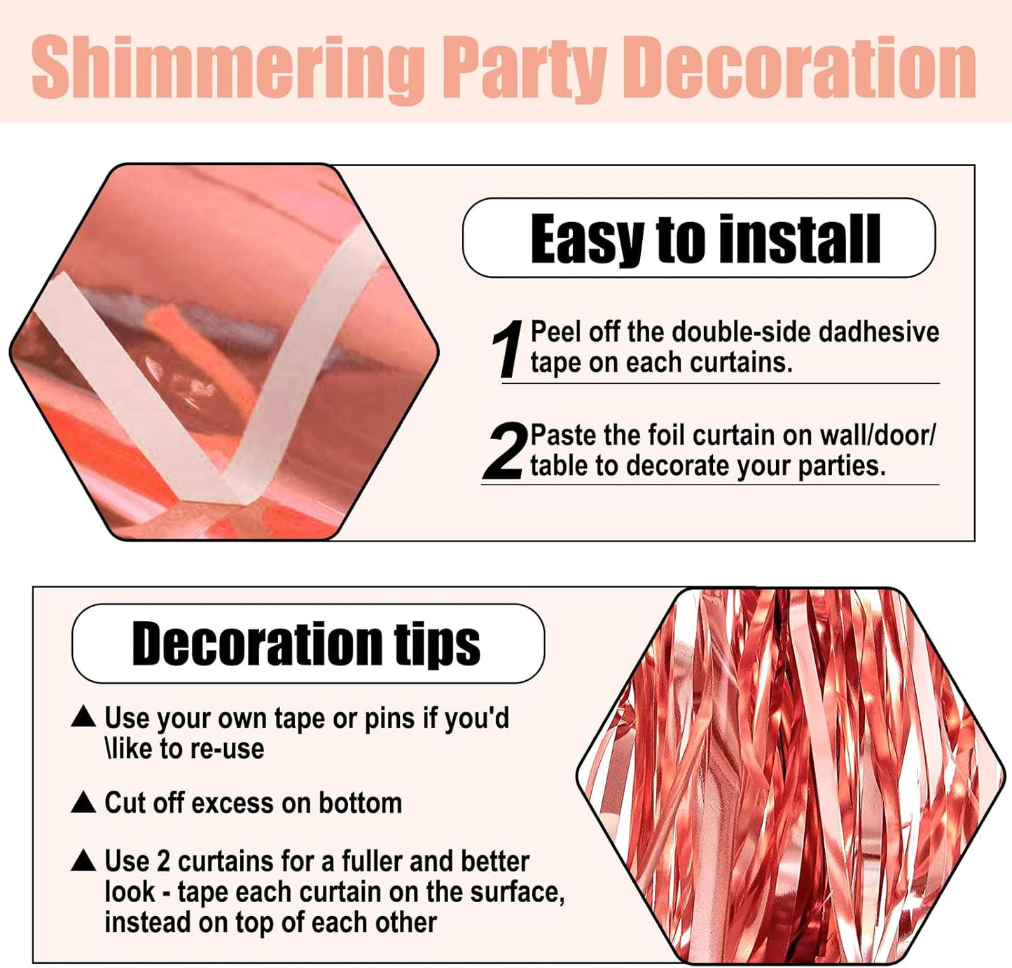 3 Pack Rose Gold Foil Fringe Curtain Backdrop, 3.28Ft x 8.2Ft Metallic Tinsel Foil Fringe Streamer Curtains for Photo Booth, Christmas Day, Thanksgiving, Wedding, New Year Party Decorations