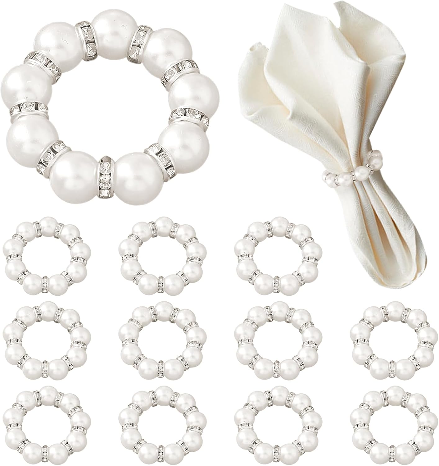 12Pcs Pearl Napkin Rings, Round Napkin Buckles Wedding Beaded White Napkin Rings Silver Napkin Ring Holder for Formal Dinner Reception Party Banquet Table Decor (Sliver)
