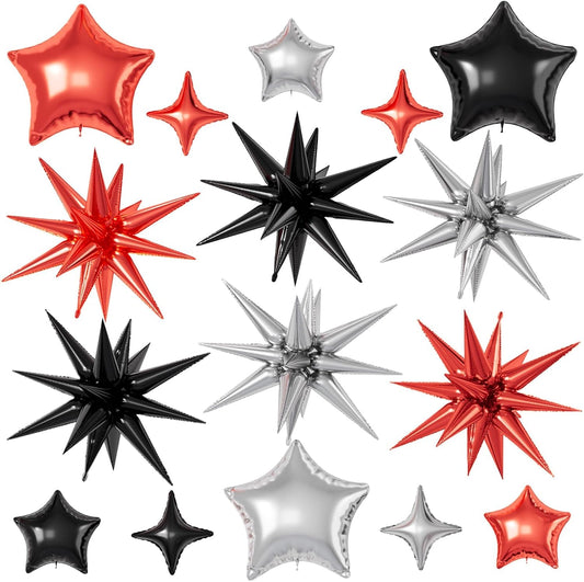 16 Pcs Red Black Silver Star Balloons,22/18/10 Inch Foil Balloons, Four-Pointed Balloon for Birthday Graduation Prom Wedding Baby Shower Movie Party Decorations
