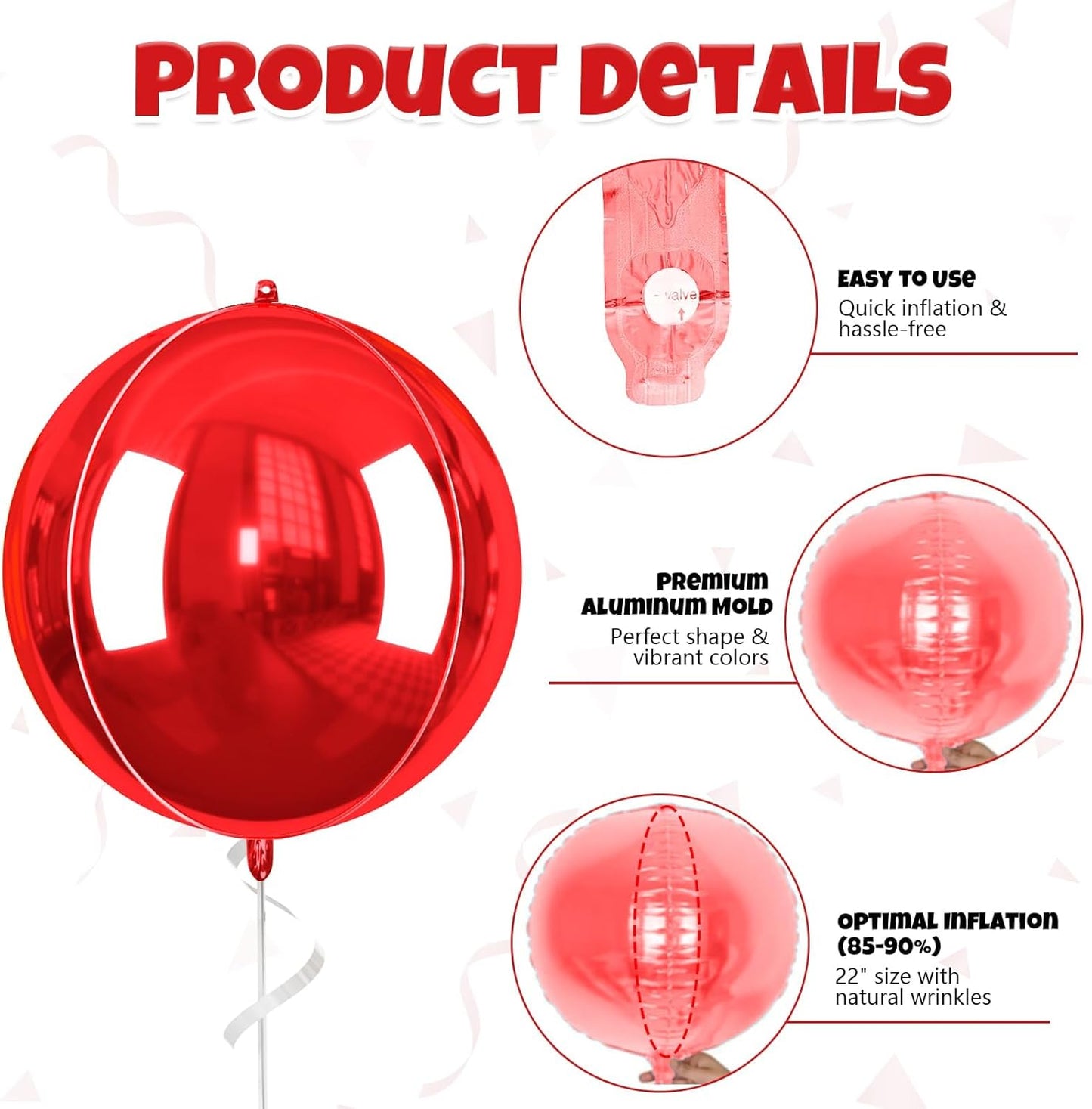 Black Gold Red Giant 4D Foil Balloons, 6 Pcs Large Metallic Black and Gold Round Balloons, 22 Inch Big Round Foil Balloon for Birthday Party Baby Shower Graduation Prom Wedding Decorations