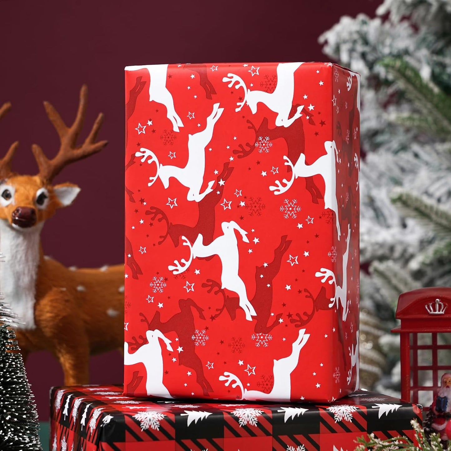 Ulmasinn Reversible Christmas Wrapping Paper Roll - 17" x33ft Double-Sided Designs with Red Nordic Reindeer & Geometric Snowflake, Xmas Gift Wrap for Presents, Table Decor & Crafting