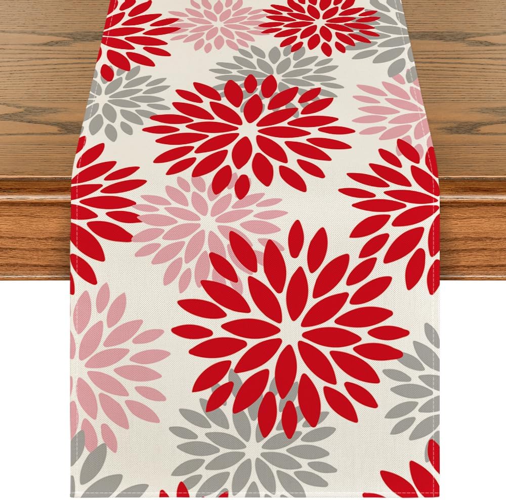 Artoid Mode Red Pink Dahlia Floral Pinnata Christmas Table Runner, Valentine Summer Kitchen Dining Table Decoration for Home Party Decor 13x36 Inch