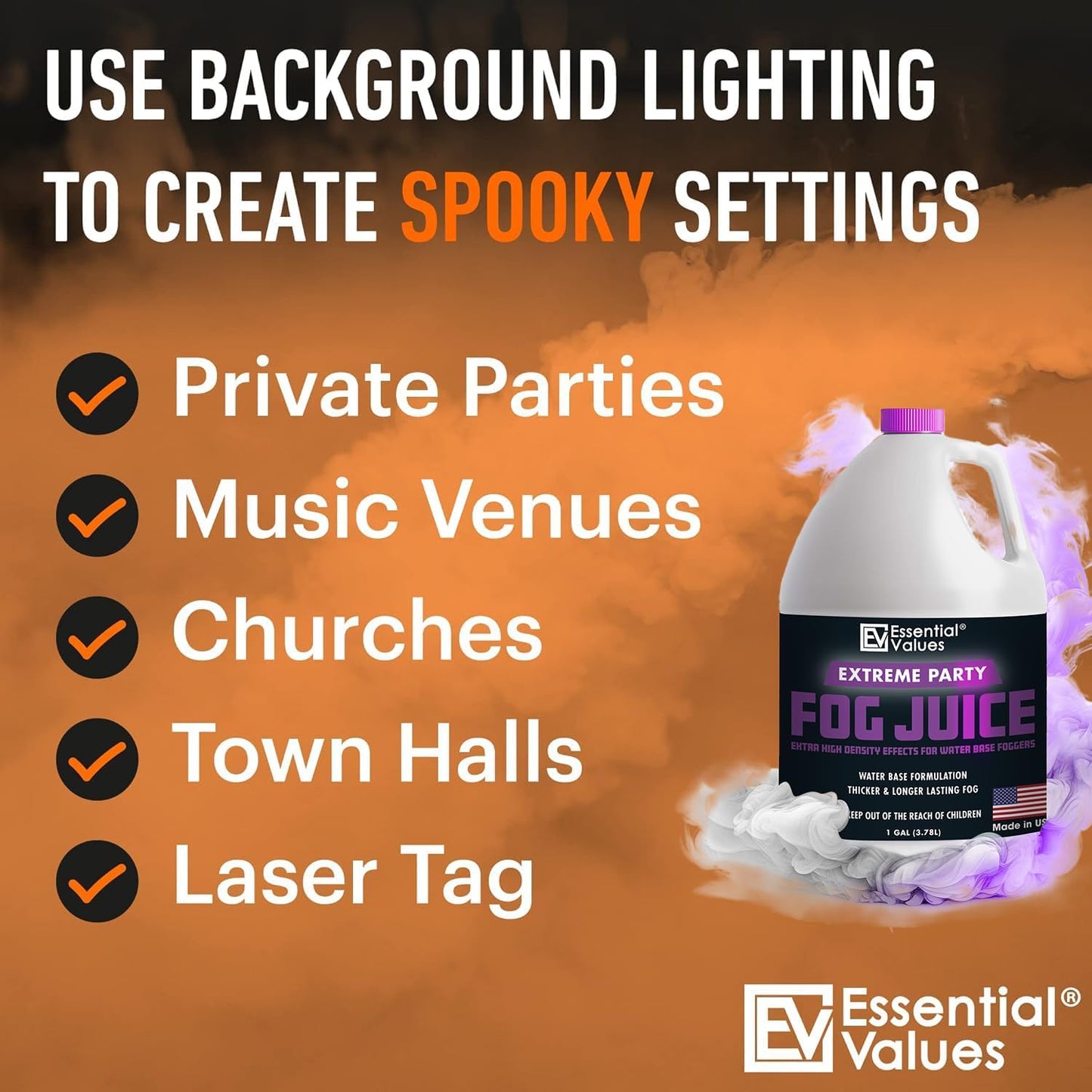 Essential Values Fog Machine Fluid - Extreme High Density Fog Juice (128 FL OZ / 1 Gallon) – White-Out Conditions for Water Based Foggers Designed for 700 Watts+ - Manufactured in USA