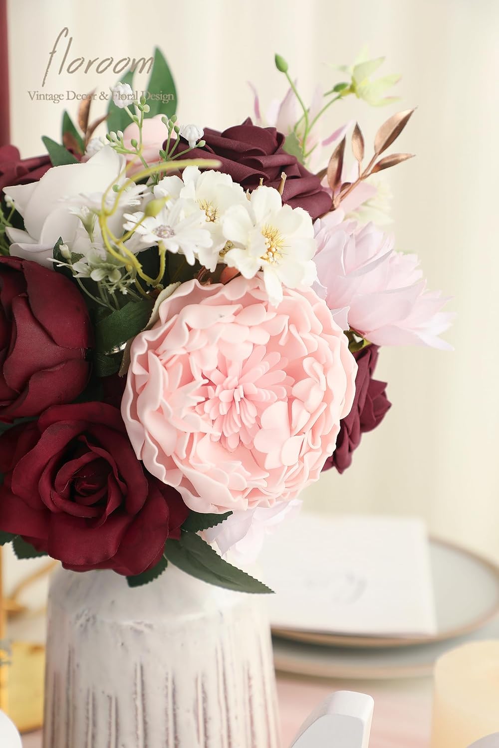 Floroom Blush Burgundy Artificial Flowers Dark Red Fake Roses Peonies Dahlia and Greenery Combo Box Set for DIY Wedding Bouquets Bridal Shower Centerpieces Floral Arrangements Party Tables Decorations