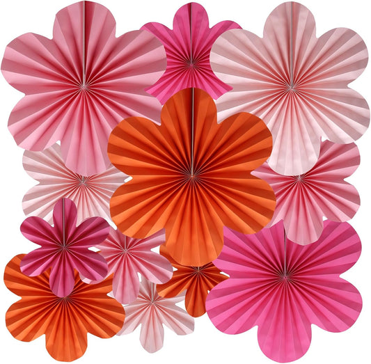 BestoFun 12 PCS Paper Flowers Fans Pink and Orange Party Decorations Paper Flowers Decorations for Wall Girl Groovy Birthday Baby Shower Wedding Bachelorette Room Hanging Décor