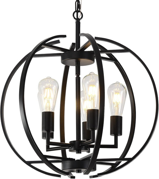 Large Lantern Globe Black Chandelier Lighting, Adjustable Hanging Ceiling Pendant 5 Light for Kitchen, Dining Room, Living Room, Hallway, Bedroom