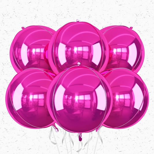 6Pcs Hot Pink Round Foil Balloons,Giant 4D Round Ball Balloon,22 Inch Metallic Hot Pink Balloons for Birthday Wedding Prom Party Decorations