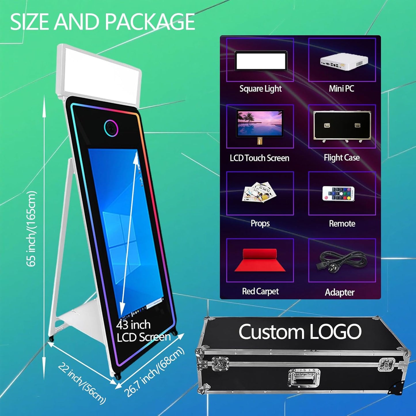 65''Magic Mirror Photo Booth Machine,Mirror Photo Booth 43''Touch Screen,Photo Booth with Flight Case,App Control,RGB Light for Wedding Party Events (White, Machine+Camera+Mini Printer)