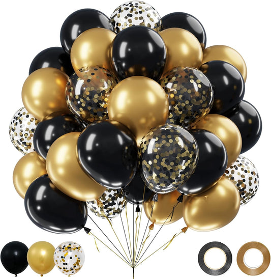 Netnology Black and Gold Balloons Set, 60Pcs 12 Inch Black Balloon Metallic Gold Balloon Gold Confetti Latex Balloon for Birthday Graduation New Years Wedding Anniversary Party Decorations