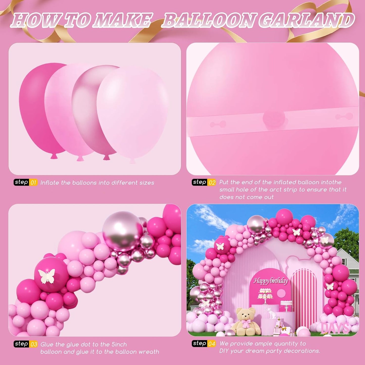 412Pcs Pink Balloon Garland Arch Kit,18 12 10 5 Inch Hot Pink Balloons Metallic Magenta Latex Balloons for Birthday Shower Princess Theme Party Wedding valentines Background Decorations