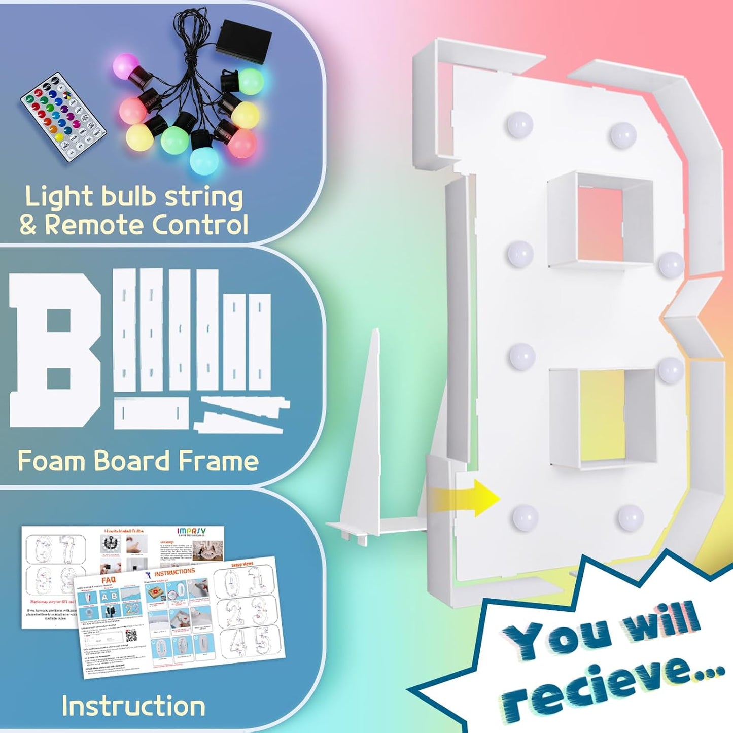 imprsv 3FT Colorful Marquee Light Up Letters B, 18 Colors Large Light up Letters Alphabet Sign with Remote, Big Marry Me Sign, Birthday Party Decorations Baby Shower Anniversary Wedding Decoration