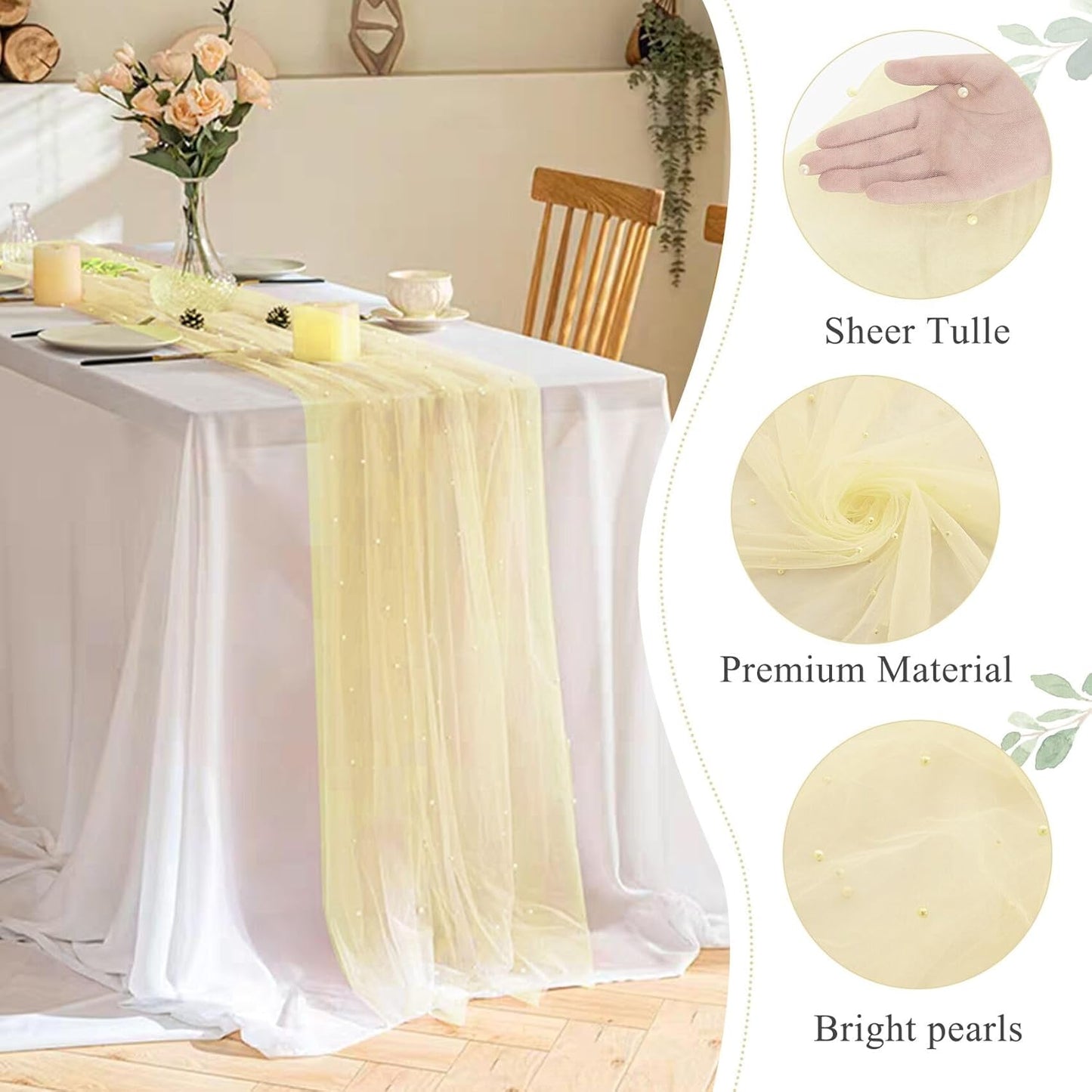 Set of 6 Pearl Table Runner 29 x 120 Inch Tulle Fabric Lace Table Runners Boho Rustic Tablecloth for Bridal Shower Birthday Party Wedding Arch Aisle Veil Dessert Table Decor(Ivory)