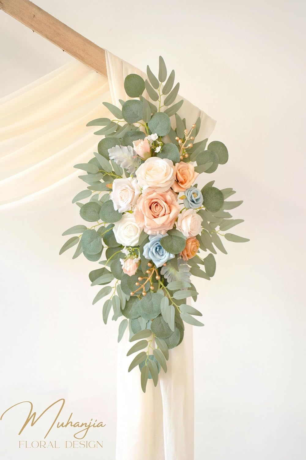 Artificial Wedding Arch Flowers Kit(Pack of 4),2Pcs Artificial Flower Arch Decor, 2Pcs Chiffon Fabric Drapes, Ceremony Decoration, Floral Outdoor Party Decor (Champagne & Blue)