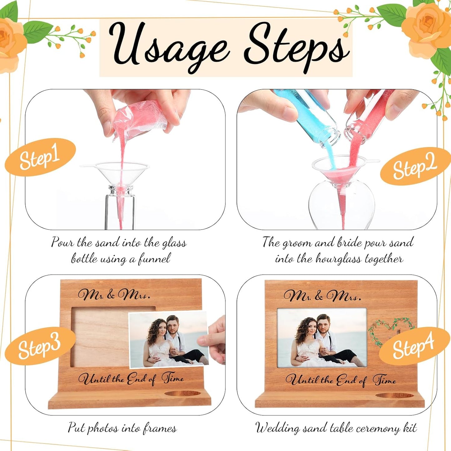 Blosssound Wedding Sand Ceremony Set Wooden Photo Frame, Hourglass Funnel, Sand, Glass Bottles, Mr and Mrs Until The End of Time Unity Kit for Weddings Ceremony Party Supplies(Nature)