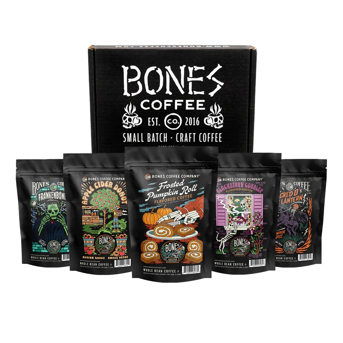 Bones Coffee Company Fall Favorites Pack, 5 Assorted Flavored Coffee Low Acid Medium Roast Arabica Beans Specialty Coffee Gifts, Auto Drip and French Press Compatible, 4 oz Pack of 5 Whole Bean