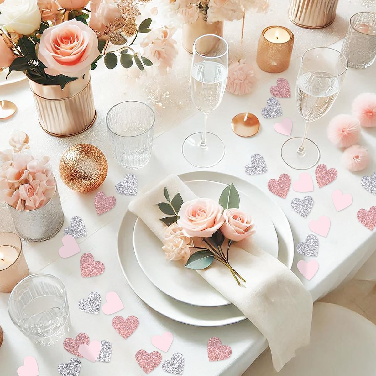 Rose Gold Pink Silver Party Decorations - 300pcs Paper Heart Confetti for Engagement Mothers Day Wedding Anniversary Romantic Bridal Shower Women Birthday Valentines Day Table Decor HongTongTong