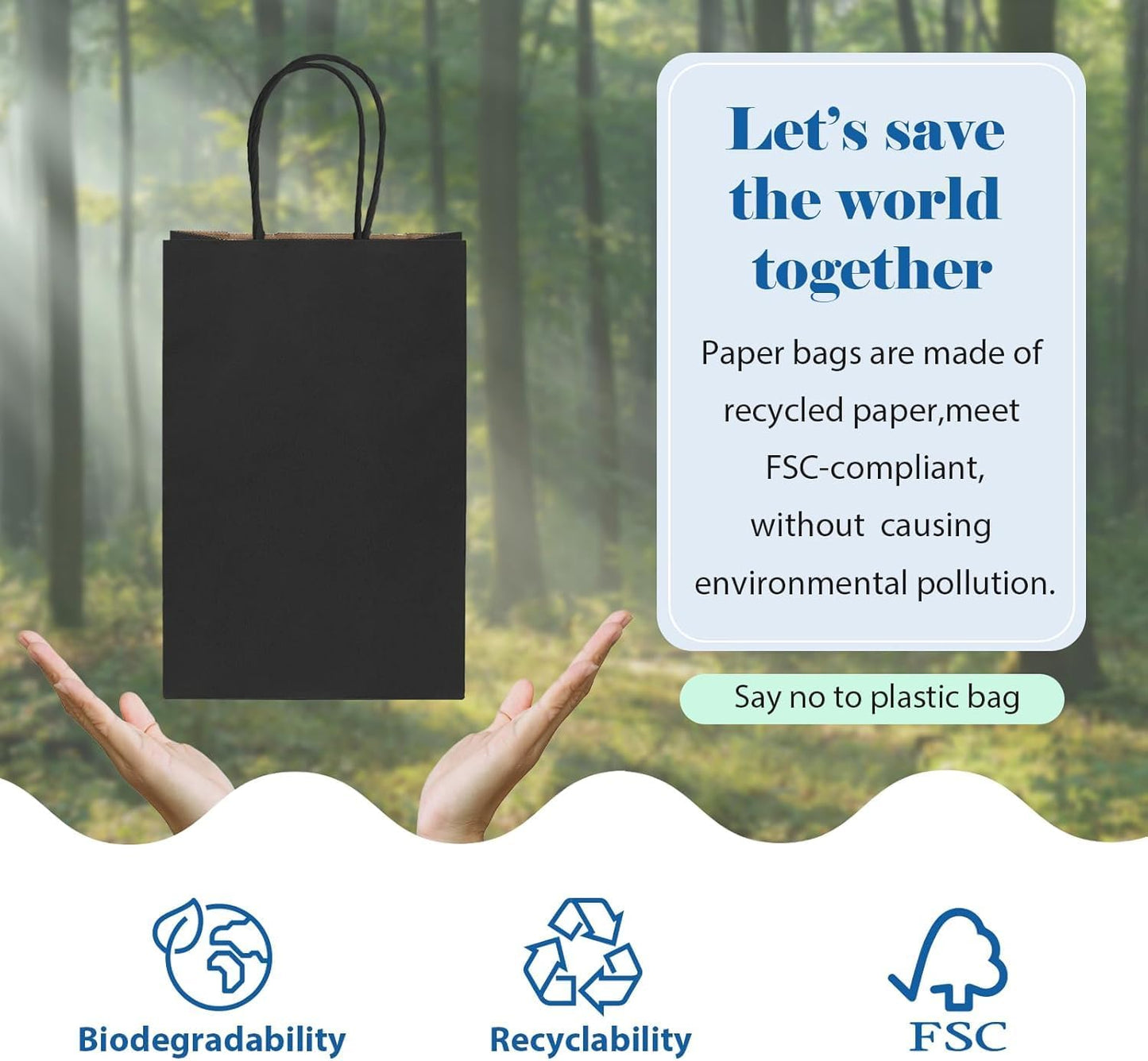 GSSUSA 200 Pack Black Paper Gift Bags 5.25x3.75x8'', Black Kraft Bags with Handles Bulk for Shopping, Craft, Grocery, Party, Retail, Lunch, Business, Wedding, Merchandise, Boutique