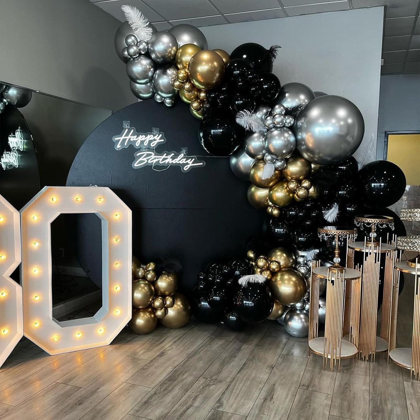 Latex Balloons with Gold Confetti Helium Party Balloons for Birthday Anniversary Wedding Retirement New Year Decoration, Black White Gold (BS-001)