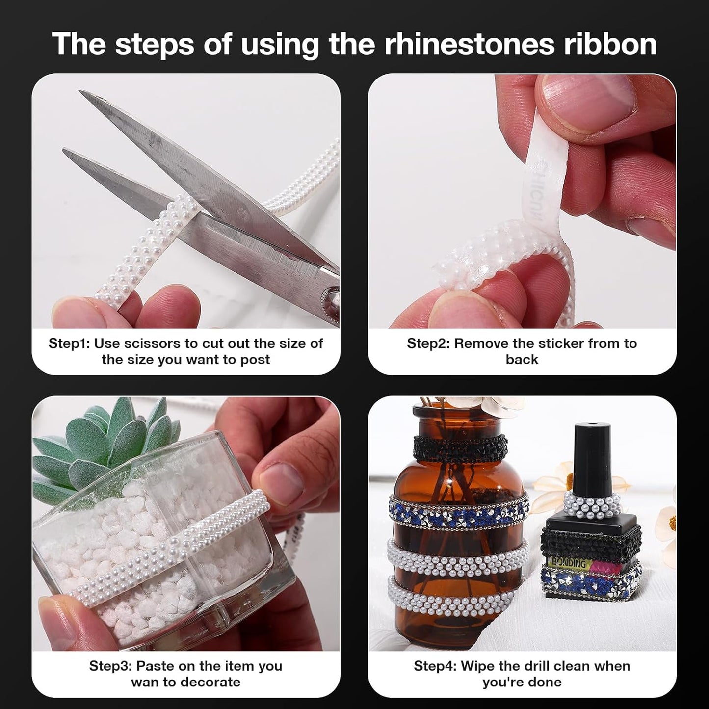 White Pearls Ribbon 3 Yards Self Adhesive Pearls Strips Diamond Ribbon Sticker Crystal Roll Glitter Bling Rhinestones Tape for Crafting DIY Art Decoration (0.4 Inch)