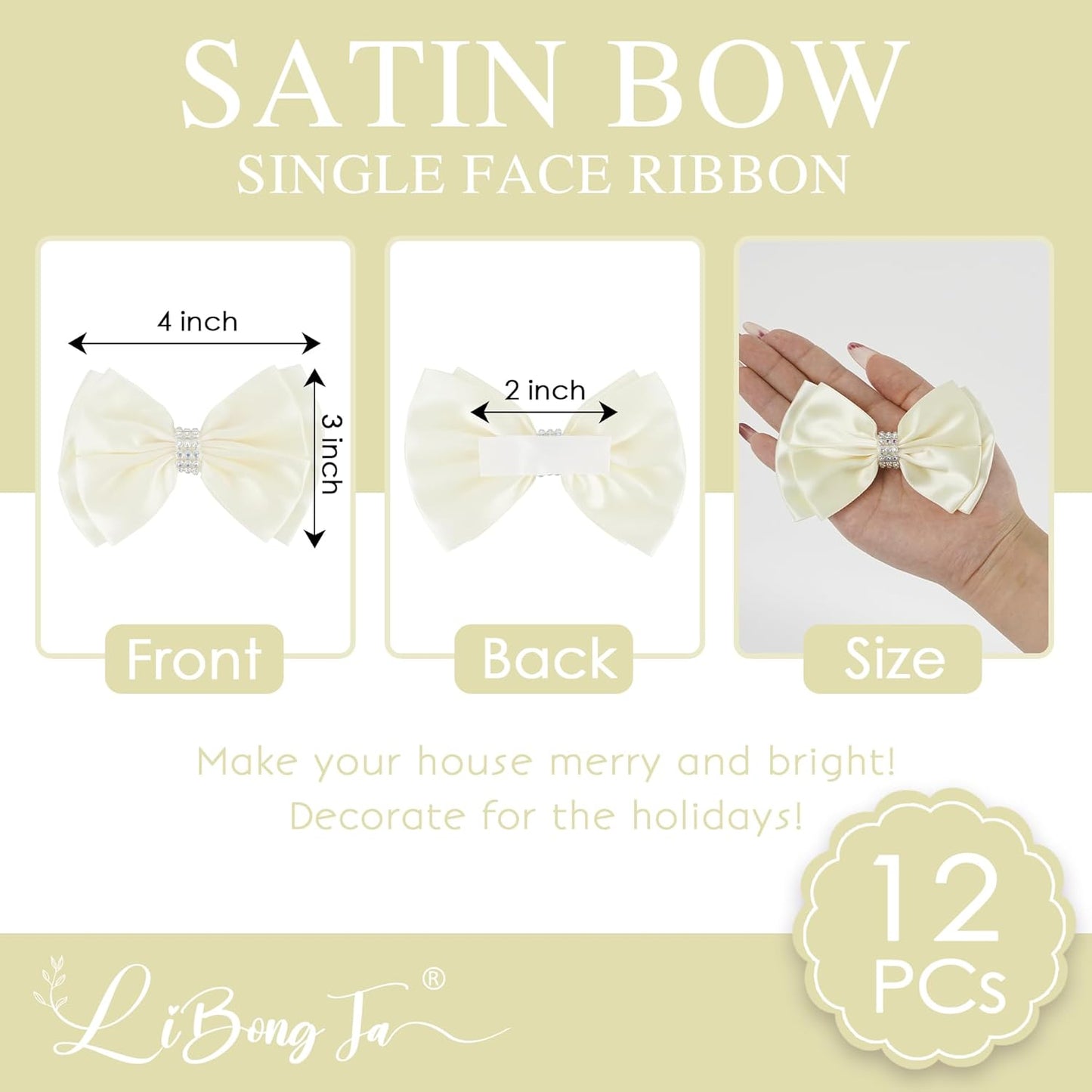 Ivory Satin Bows 4'' Premade Ivory Ribbon Bows, Gift Bows with Rhinestone, Wrapping Bows for Presents, Greeting Cards, Treat Bags, Wine Bottles, Valentines Bows for Gift Wrapping-12 Counts