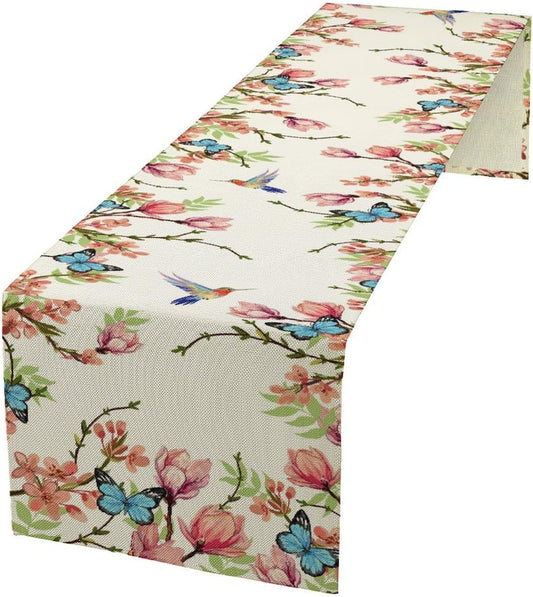 Floral Butterfly Table Runner Seasonal Spring Flower Bird Table Decoration Table Runner for Home Party Decoration 13x60 Inch