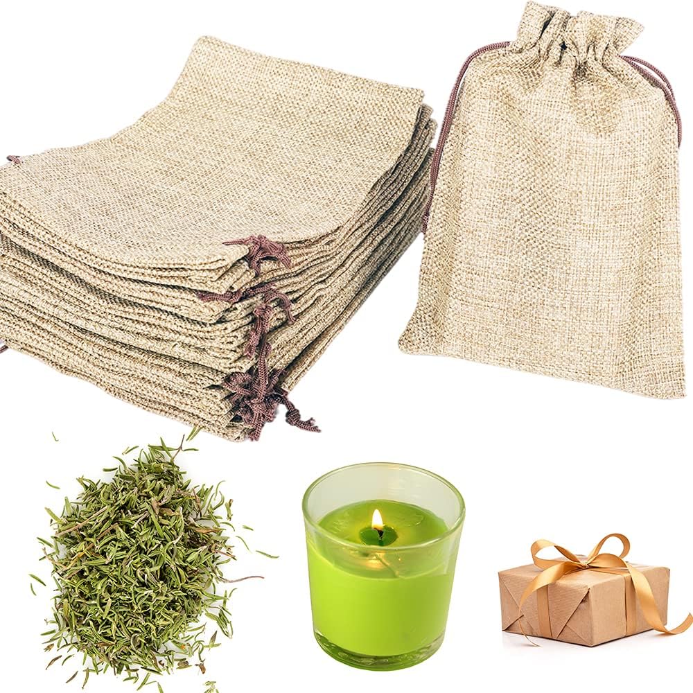 LYSXP 50PCS Burlap Bags with Drawstring，5x7 Inch Cream color Drawstring Gift Bag Jewelry Pouches for Wedding Party Favors, DIY Craft