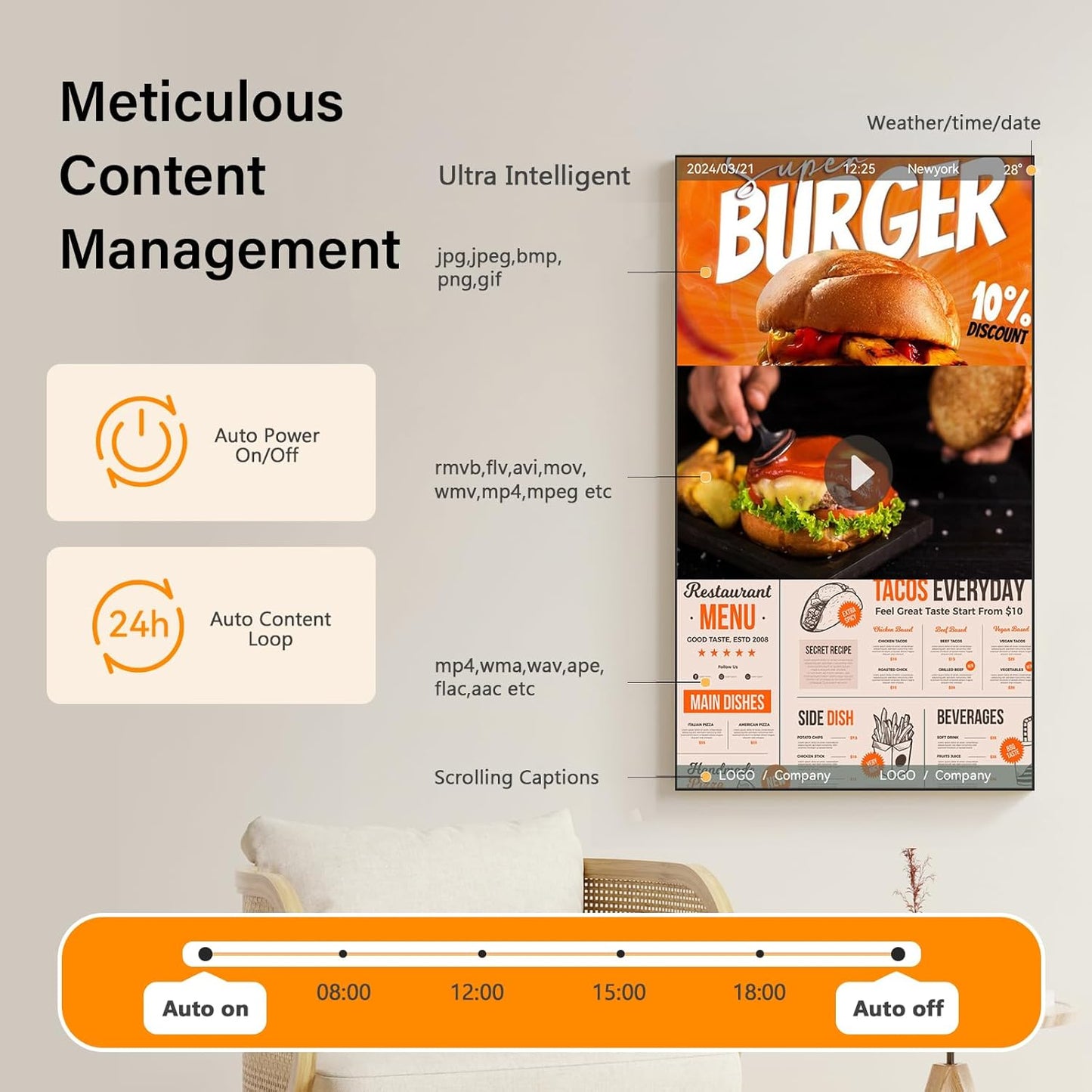 50 Inch Digital Signage Kiosk LCD Advertising Display Menu Displays Indoor Android Floor Standing Vertical Poster White, 2+32GB, 2K FHD, 700nits, USB