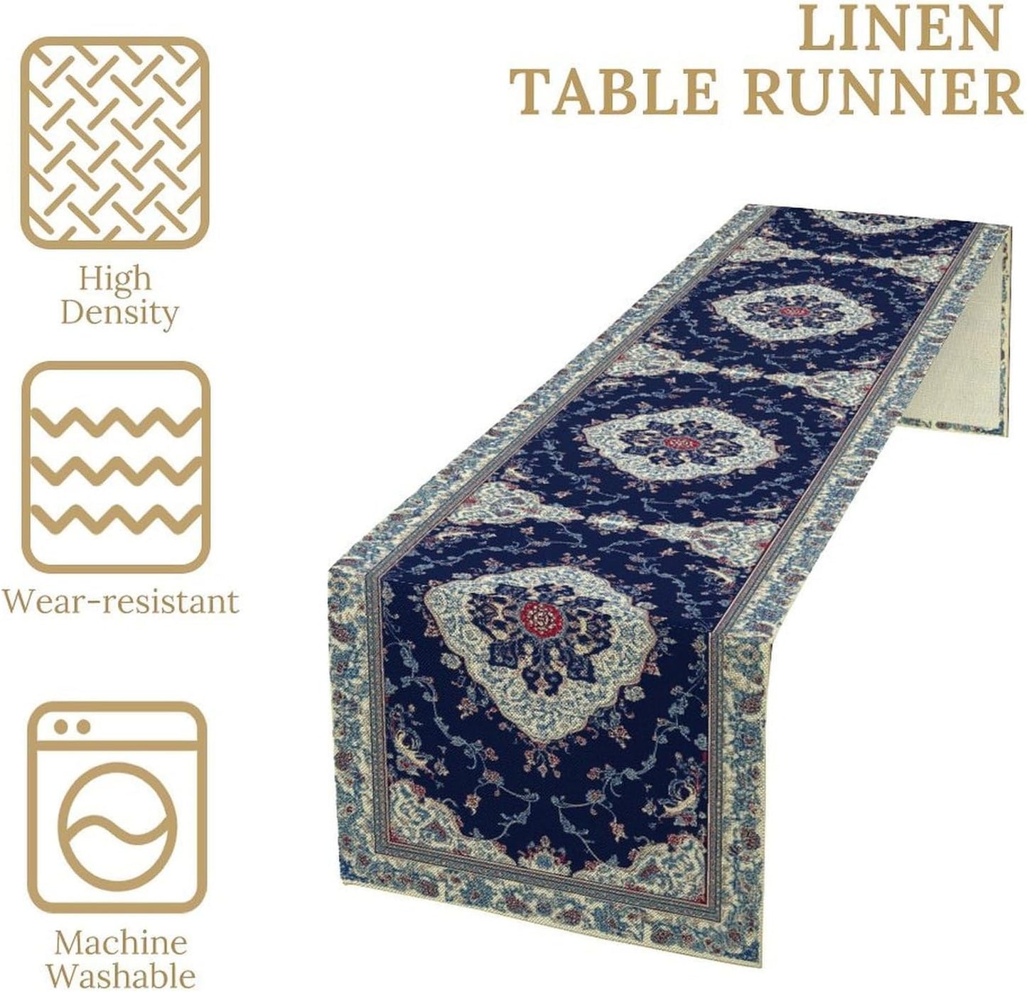 Elegant Palace Boho Blue Table Runner Vintage French Style Farmhouse Geometric Home Farmhouse Kitchen Table Dining Coffee Room Garden Party Wedding Decor 13x90in
