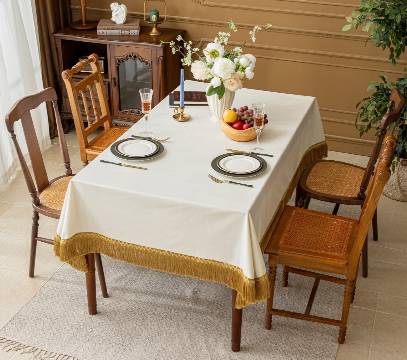 F-CHU White Tablecloth Thickset Velvet Tablecloth with Beautiful Gold Tassels Vintage Table Cloth for Home Decor Wedding, Party, Banquet and Events 67x120-Inch
