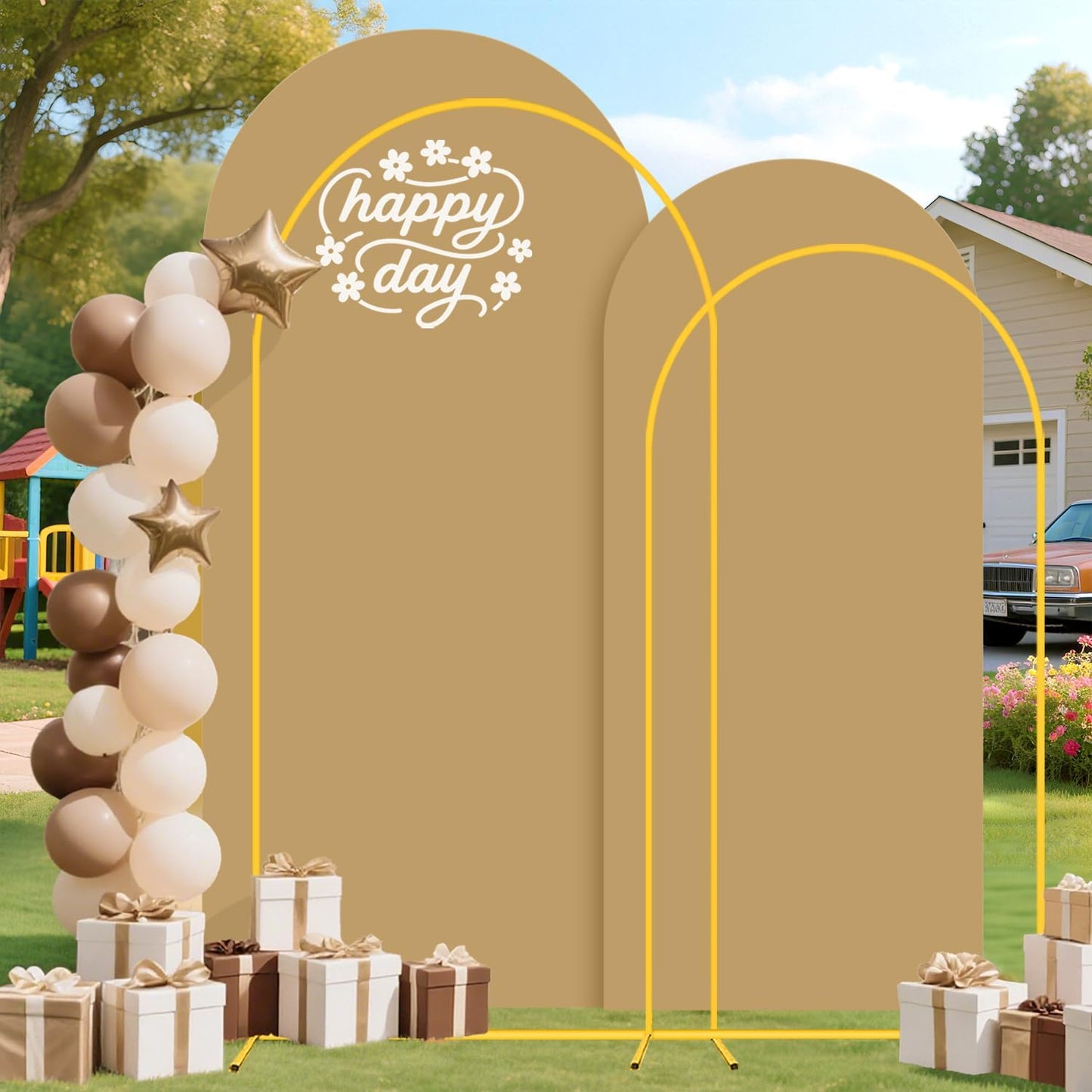 Wedding Arch Backdrop Stand and Brown Arch Cover Set 7.2FT/6FT Party Backdrop Arches Frame Balloon Arched Stand Covers Metal Arches with Covers for Birthday Wedding Ceremony Baby Shower Decor