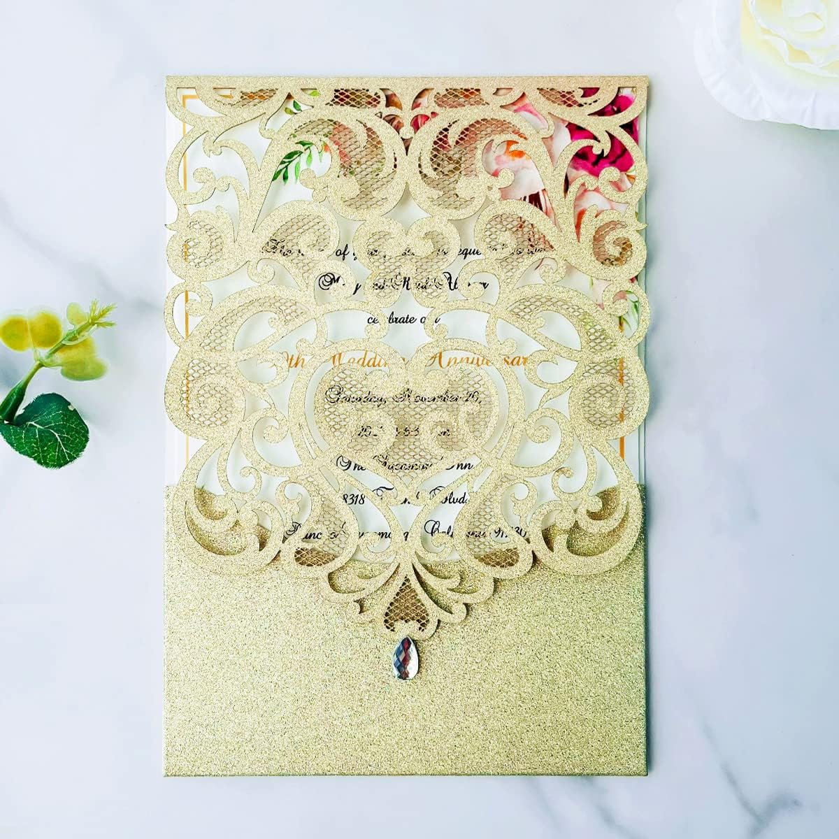 Hosmsua 50PCS Champagne Gold Wedding Invitations Kit 5 x 7.3 Inch Laser Cut Hollow Rose Rhinestone Pocket with Envelope for Wedding Bridal Shower Invite (Champagne Gold Glitter)