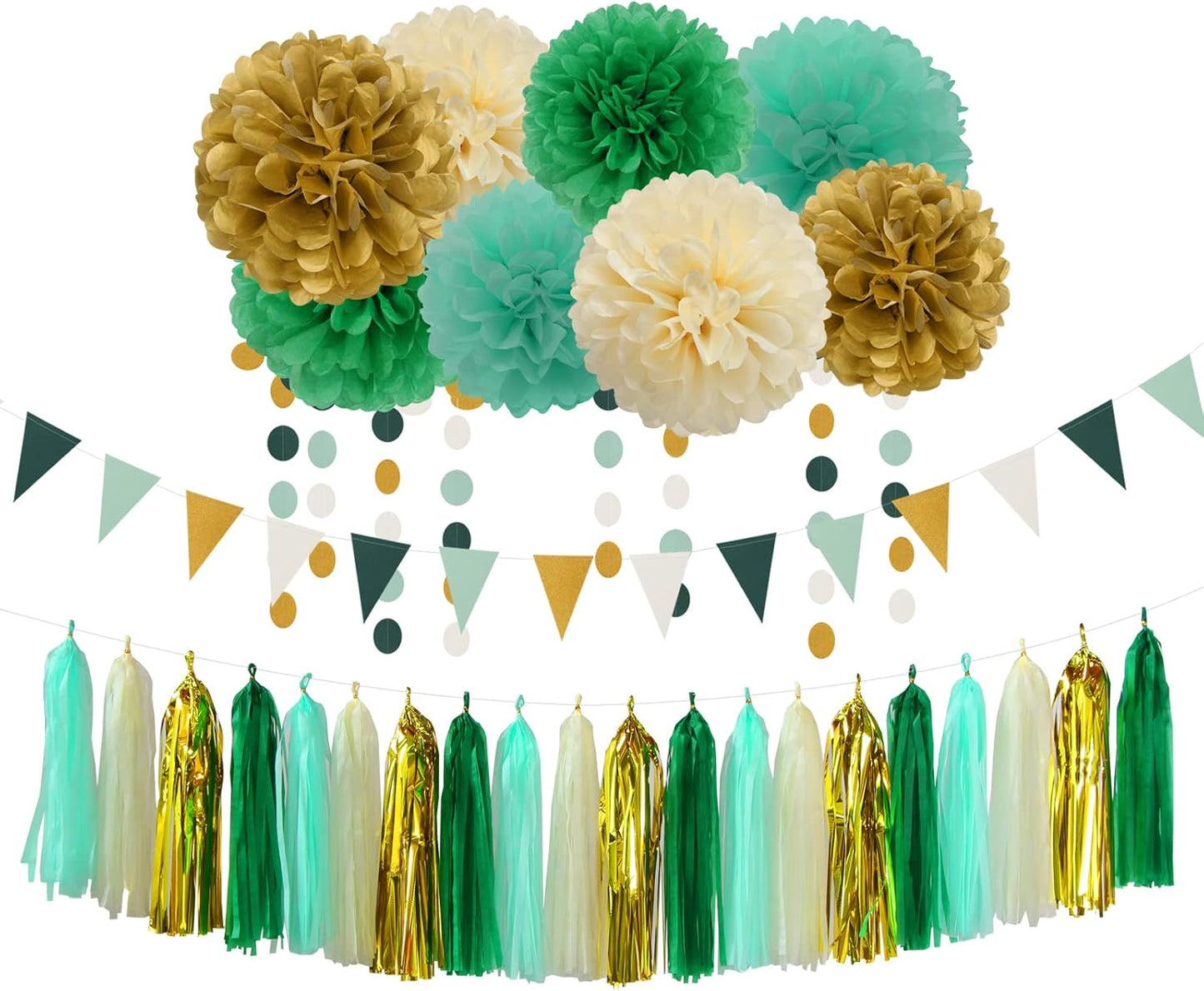 Sage-Green Beige-Gold Baby Bridal-Shower Decorations - 30pcs Rustic Wedding Tissue Pom Poms,Tassel Garland Banner,Birthday Gender Reveal Bachelorette Engagement Party Decor Bunting Lasting Surprise