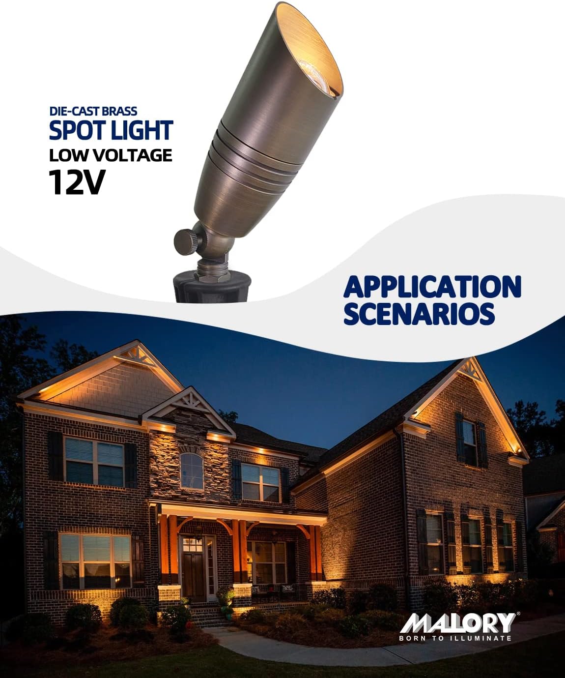 MALORY Brass Landscape Spot Lights 1-Pack Without Bulb(S02), Low Voltage 12V AC/DC Outdoor Spotlights for Yard,Landscape Lighting for Garden and Patio,PVC Ground Stake and Wire Connector Included