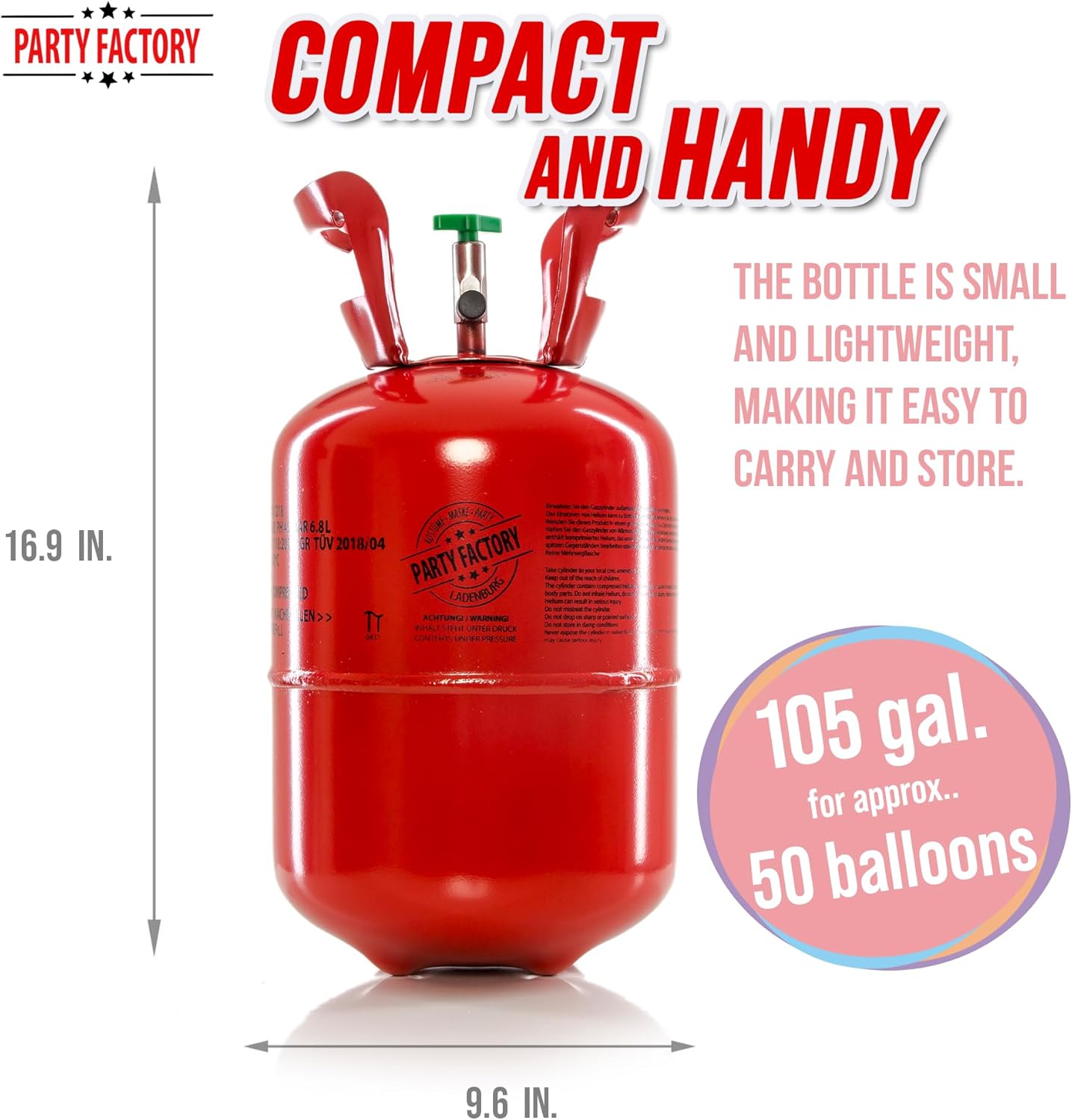 Party Factory set of 2 helium tanks for up to 50 balloons each, 2 helium cylinders with 14.1 cu. ft. gas each for party latex-, foil balloons