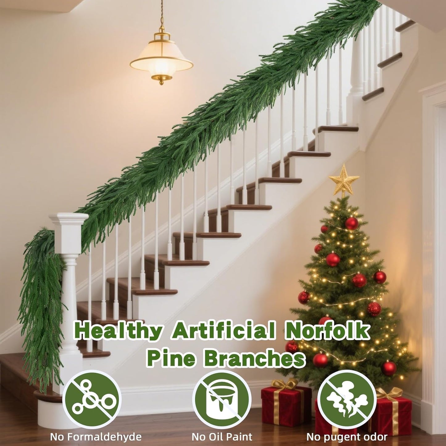 12 FT (2 * 6FT) Norfolk Pine Garland Artificial, Realistic Christmas Greenery for Mantle Table Wall, Real Touch Winter Pine Garland for Christmas Indoor Outdoor Decor (80 Branches)