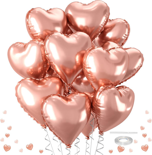 12 Pcs Heart Balloons, 18 inch Rose Gold Heart Shaped Balloons, Big Foil Helium Balloon, Love Balloon for Wedding Baby Shower Anniversary Backdrop Valentine Party Decorations