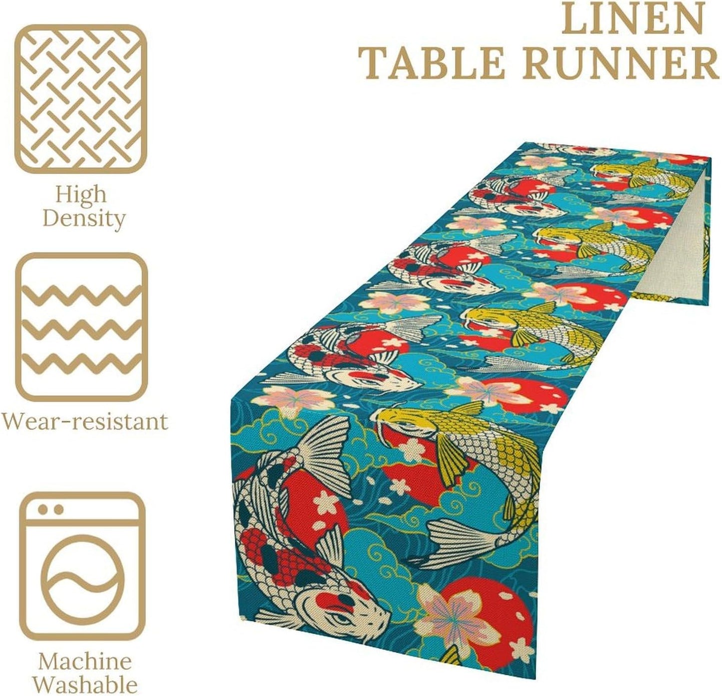Japanese Kio Fish Table Runner Oriental Tradition Cherry Art Printed Burlap Runner Home Kitchen Dining Table Living Room Decor Fabric 1 Panel W13xL108in