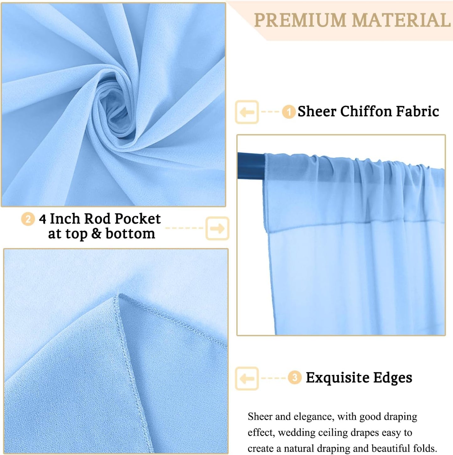 MODFUNS Wedding Drapes Ceiling Decorations Baby Blue Wedding Arch Drapes 5FTx20FT 2 Panels Chiffon Sheer Ceiling Curtain Tulle Curtain for Party Sheer Arbor Drapery Canpoy Tent Ceiling Backdrop