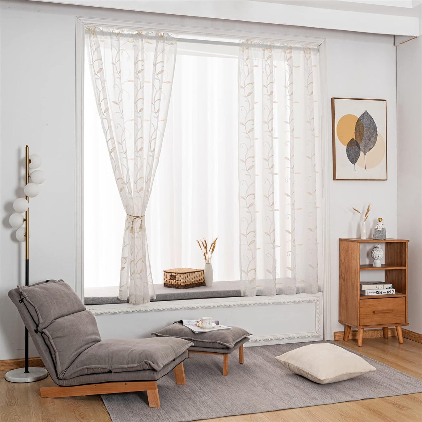 VISIONTEX White Sheer Voile Curtains, Decorative Beige Leaves Embroidery Faux Linen Rod Pocket Window Drapes for Home Kitchen, Living Room and Bedroom 54 x 72 Inch, Set of 2 Curtain Panels