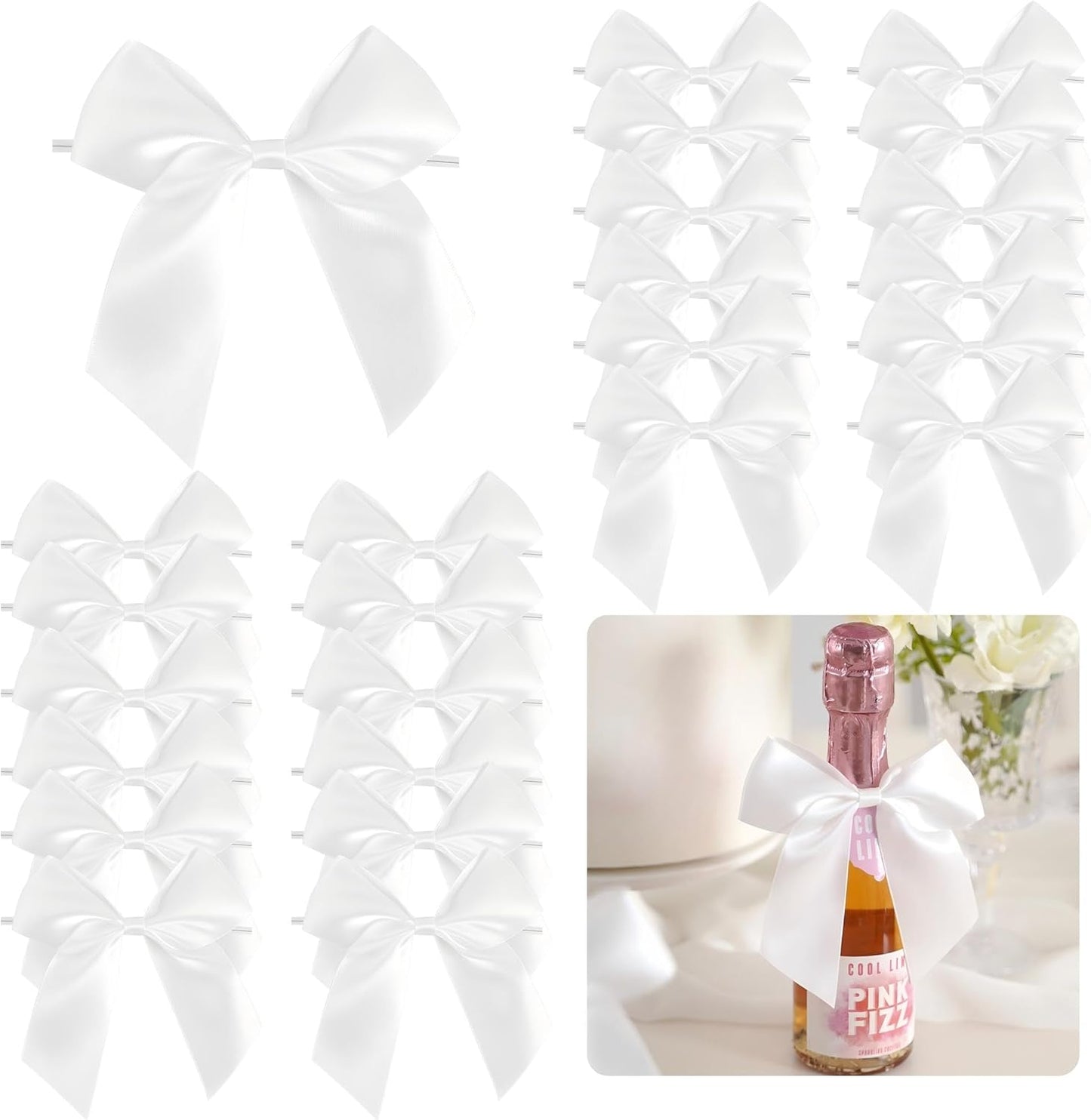 4.5" Satin Ribbon White Bows for Gift Wrapping, Twist Tie Bows, Cute Bows for Crafts, Party Favors, Premade Bows Pre-Tied Decorative Bows for Flower Bouquets Candy Apple Bows-24 Counts