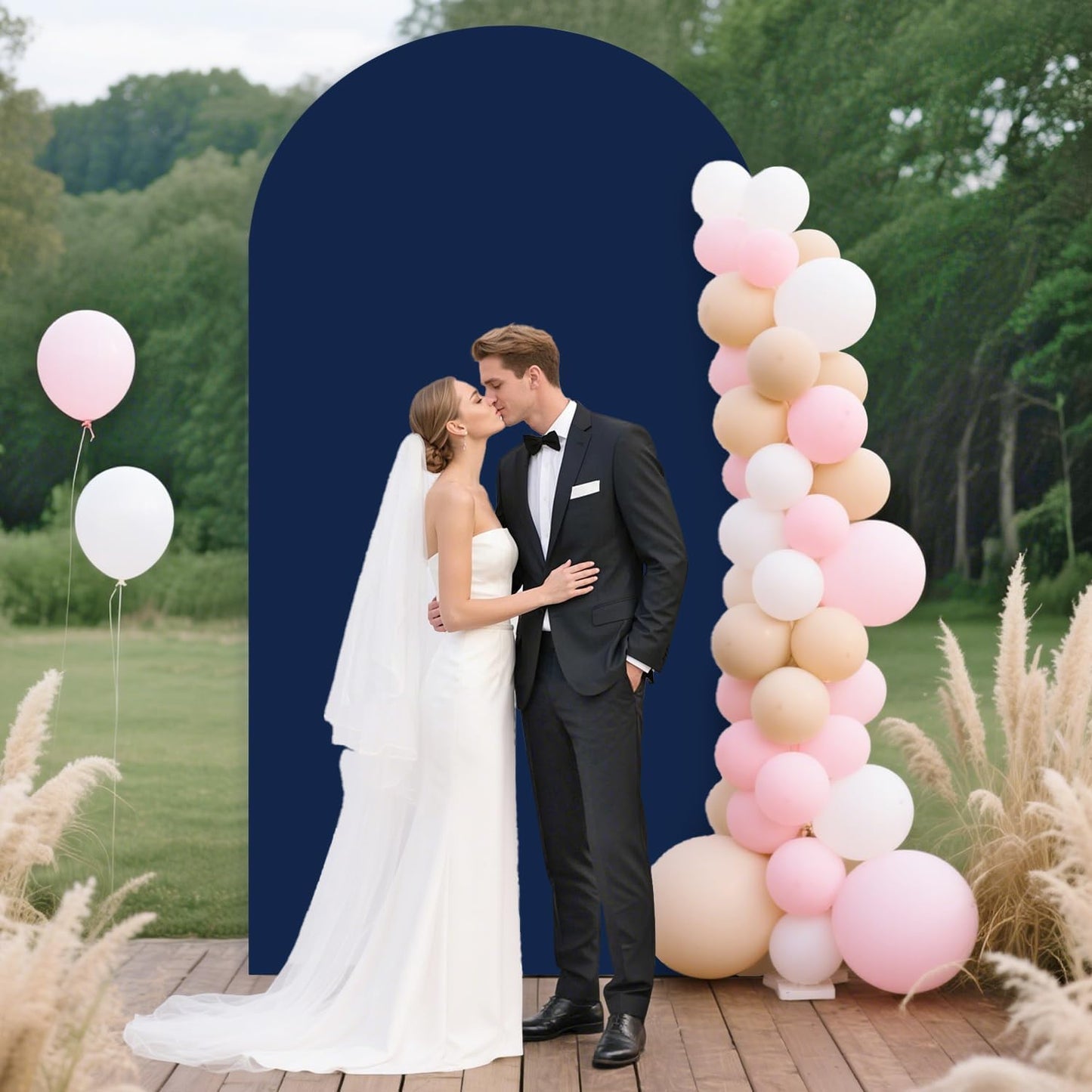 FUHSY 7.2 FT Wedding Arch Backdrop Stand and Navy Blue Arch Cover Set Metal Arch Stand Cover Balloon Party Backdrop Arches with Spandex Covers for Gender Reveal Baby Bridal Shower Birthday Decorations