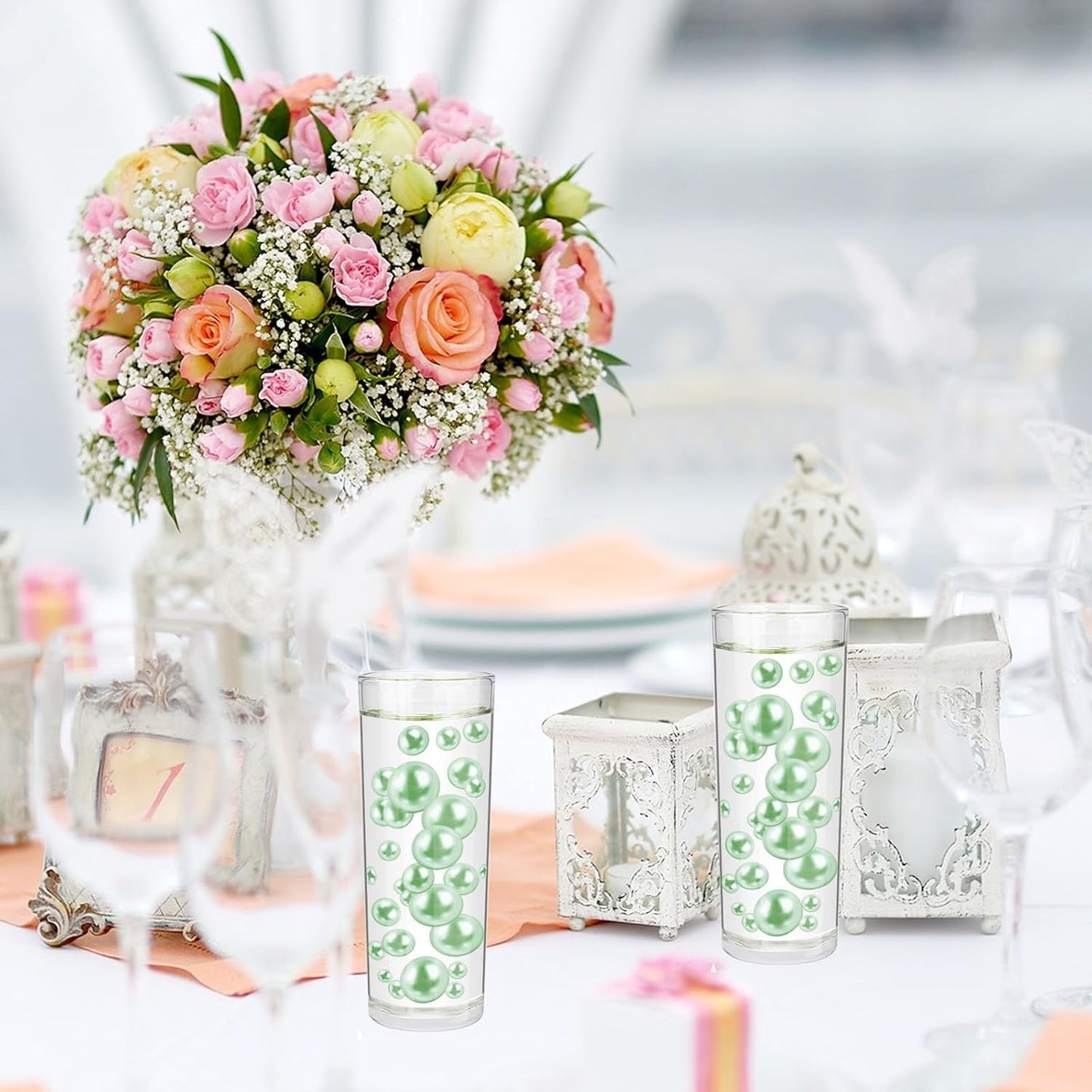 100PCS Faux Pearls Beads for Centerpiece Vases, Green Vase Filler Faux Pearls, No Holes Filler Beads for Mardi Gras St. Patrick's Day Party Wedding Table Decor, 14/20/30mm